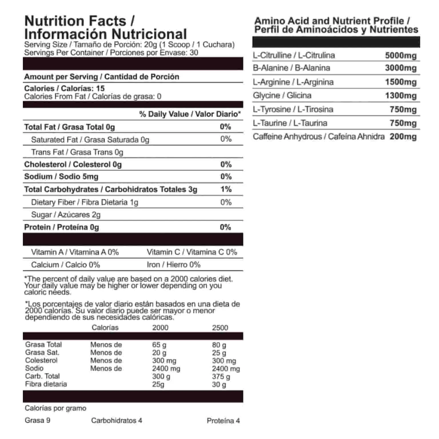 Electron pre entrenamiento smartmuscle tabla nutricional