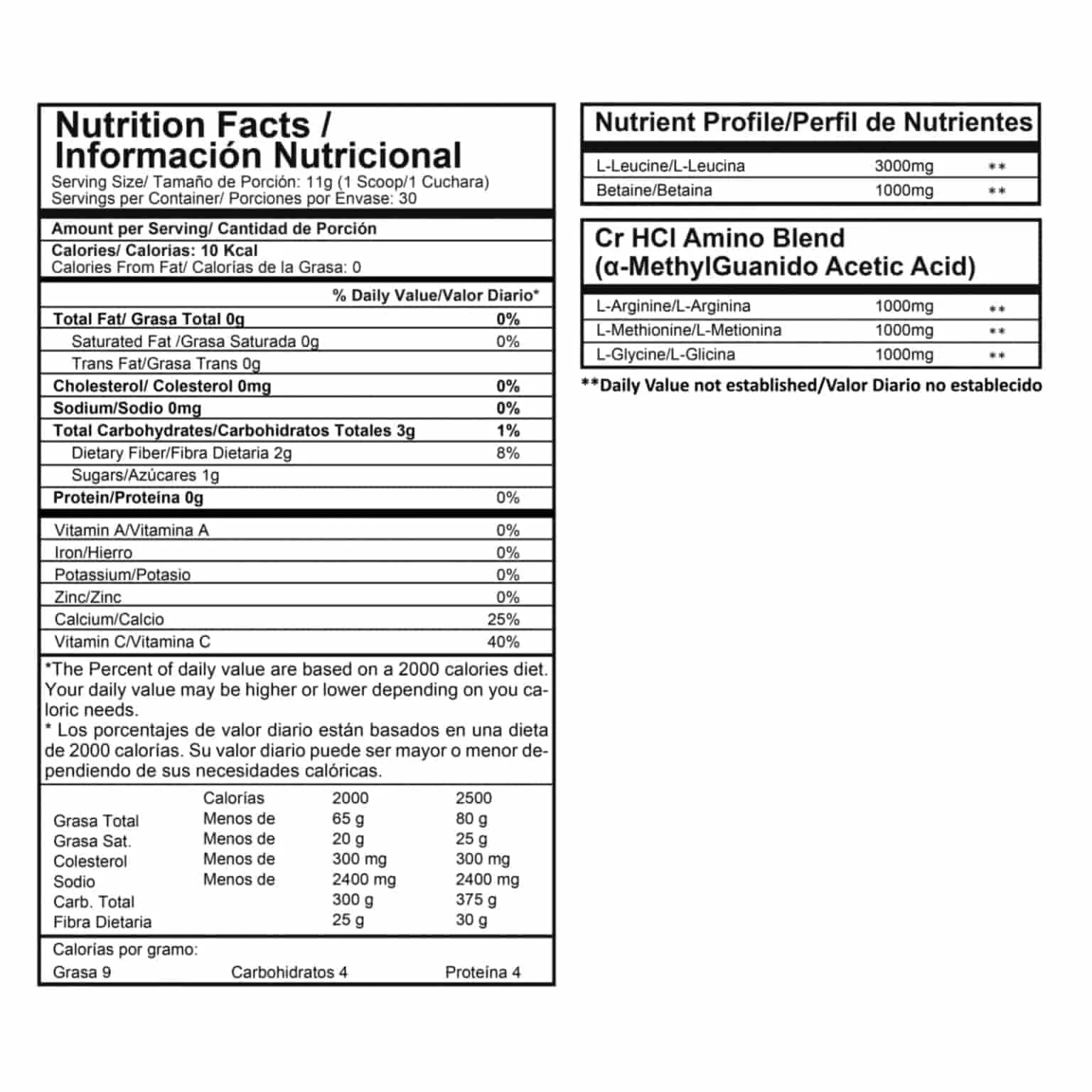 Legacy 30 servicios creatina HCL Proscience tabla nutricional